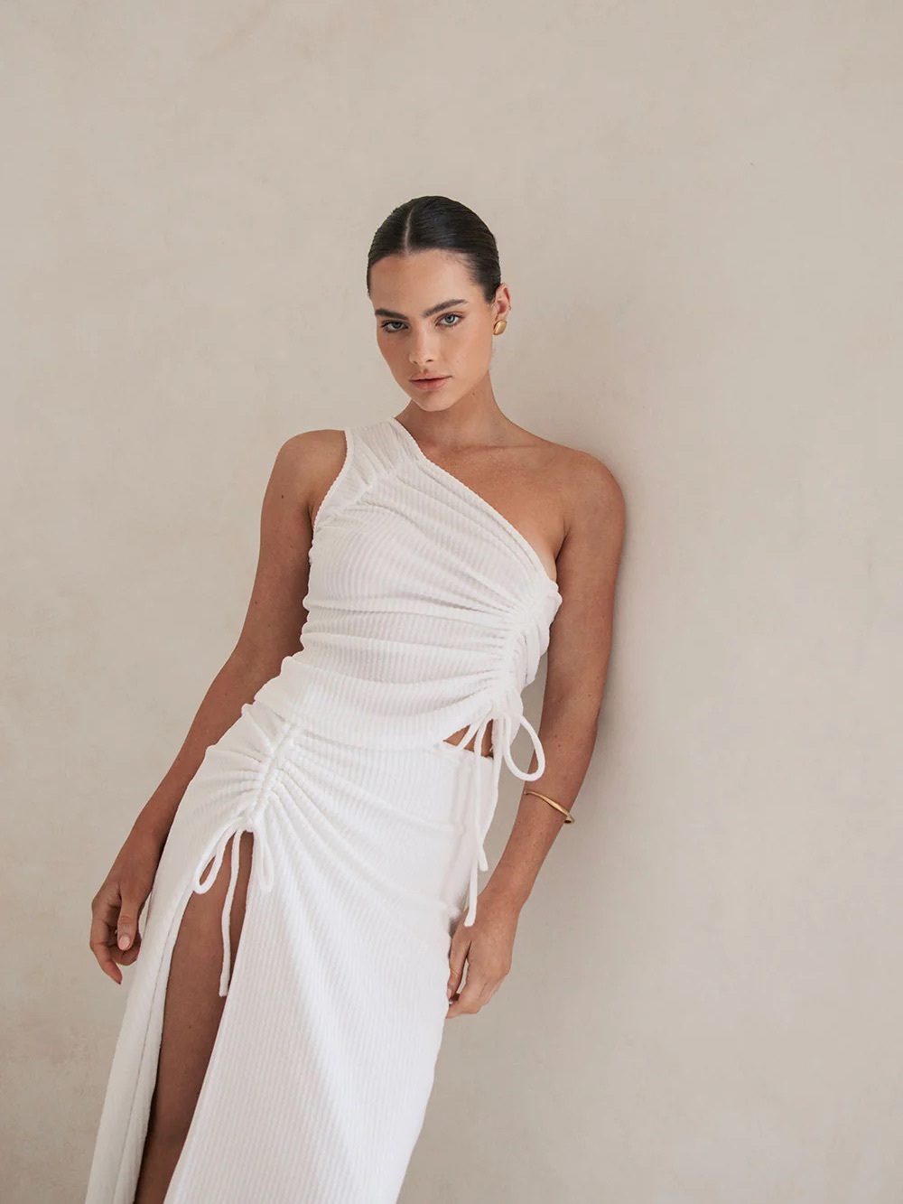 Leni One-Shoulder White Ruched Top and skirt set